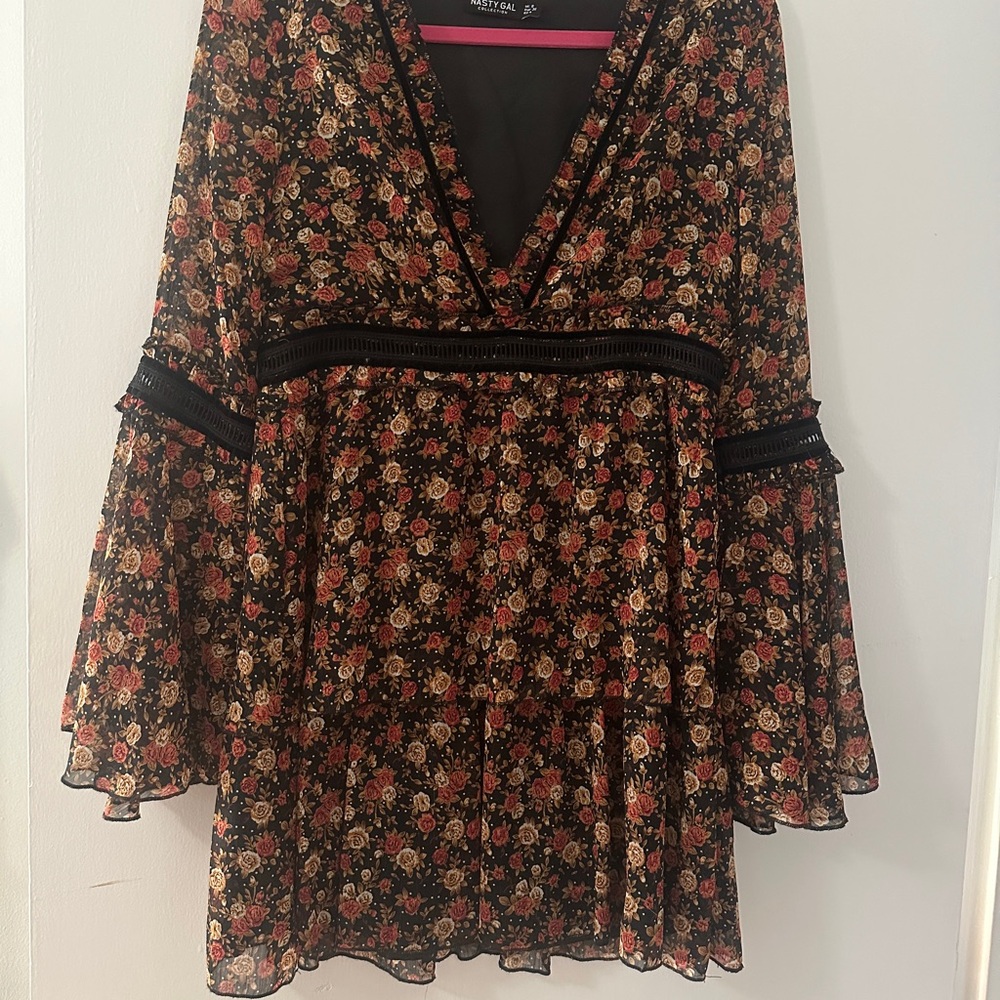 Nasty Gal Black Floral Long Sleeve Dress